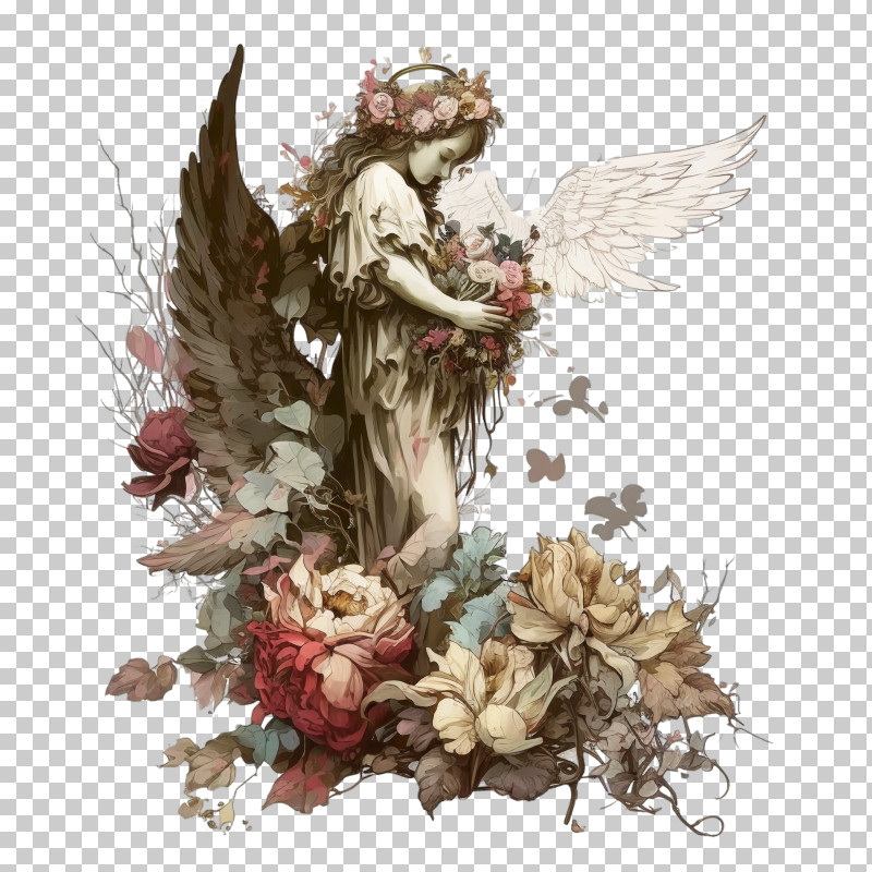 Angel And Candle - Angel Statue With Flowers PNG