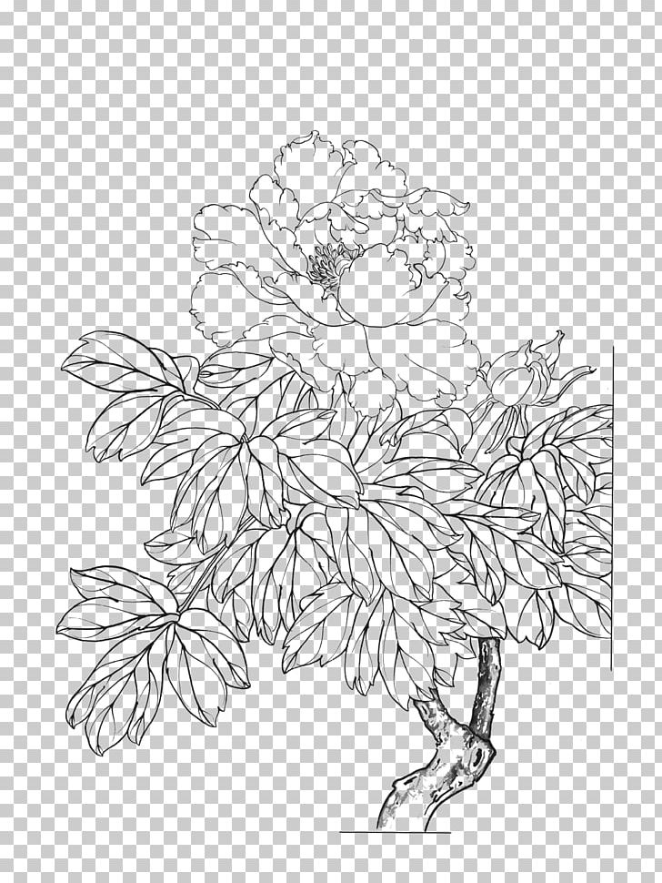 Moutan Peony Gongbi Flower Painting PNG, Clipart, Area, Art, Artwork, Birdandflower Painting, Black And White Free PNG Download