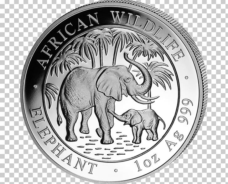 Silver Coin African Elephant Indian Elephant Somalia PNG, Clipart, Black And White, Bullion, Circle, Coin, Creative Bullion Free PNG Download