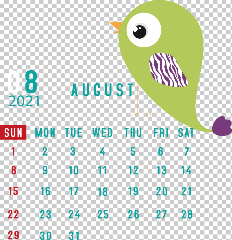 August 2021 Calendar August Calendar 2021 Calendar PNG, Clipart, 2021 Calendar, Beak, Green, Line, Logo Free PNG Download