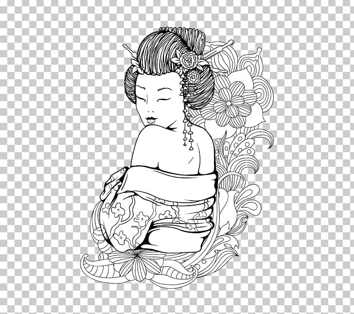 Geisha Illustration PNG, Clipart, Arm, Art, Artwork, Black And White, Cartoon Free PNG Download