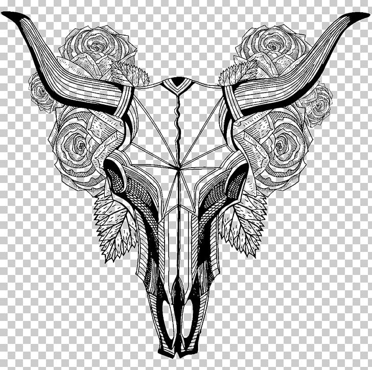 Tattoo Cattle Skull Rose Bird PNG, Clipart, Bird, Black And White, Bluebonnets, Bohochic, Bone Free PNG Download