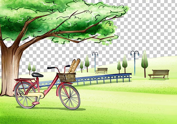 Cartoon Landscape Illustrator Poster PNG, Clipart, Art, Bicycle, Bicycle Accessory, Grass, Hand Drawn Free PNG Download