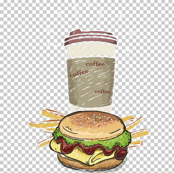 Hamburger Coffee French Fries Fast Food Cafe PNG, Clipart, Cheeseburger, Coffee, Coffee Aroma, Coffee Cup, Coffee Mug Free PNG Download