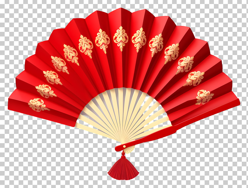 Flat Chinese New Year Fan - Elegant Red And Gold Decorative Folding Fan PNG