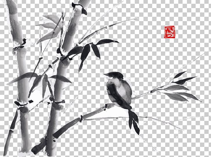 Ink Wash Painting Drawing Bamboo Japanese Art PNG, Clipart, Bamboo Leaves, Bamboo Tree, Bamboo Vector, Beak, Bird Free PNG Download