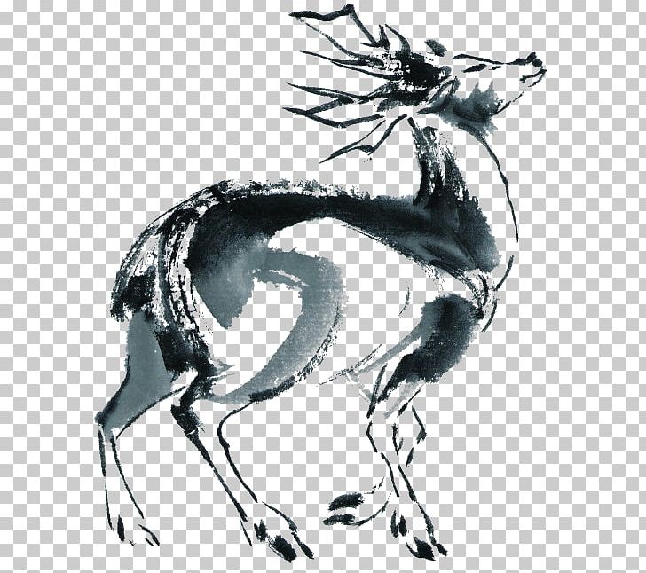 Ink Wash Painting Deer Black And White Chinese Painting PNG, Clipart, Animals, Art, Carnivoran, Chinese Calligraphy, Chinese Style Free PNG Download