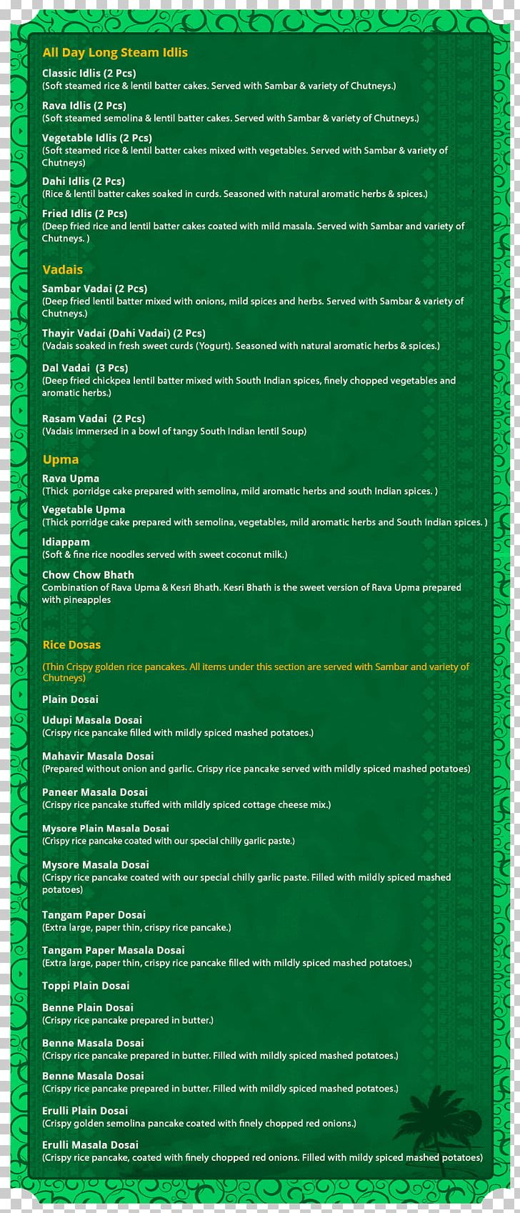 South Indian Cuisine Menu Dosa Naivedyam PNG, Clipart, Bombay Rava, Dessert, Dosa, Grass, Green Free PNG Download