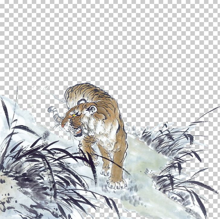 Tiger Ink Wash Painting Chinese Painting PNG, Clipart, Animal, Animals, Art, Big Cats, Bird Free PNG Download