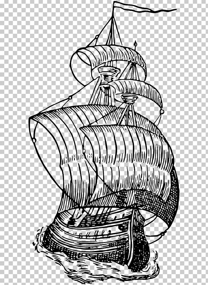 Sailing Ship Drawing PNG, Clipart, Artwork, Black And White, Boat, Caravel, Drawing Free PNG Download
