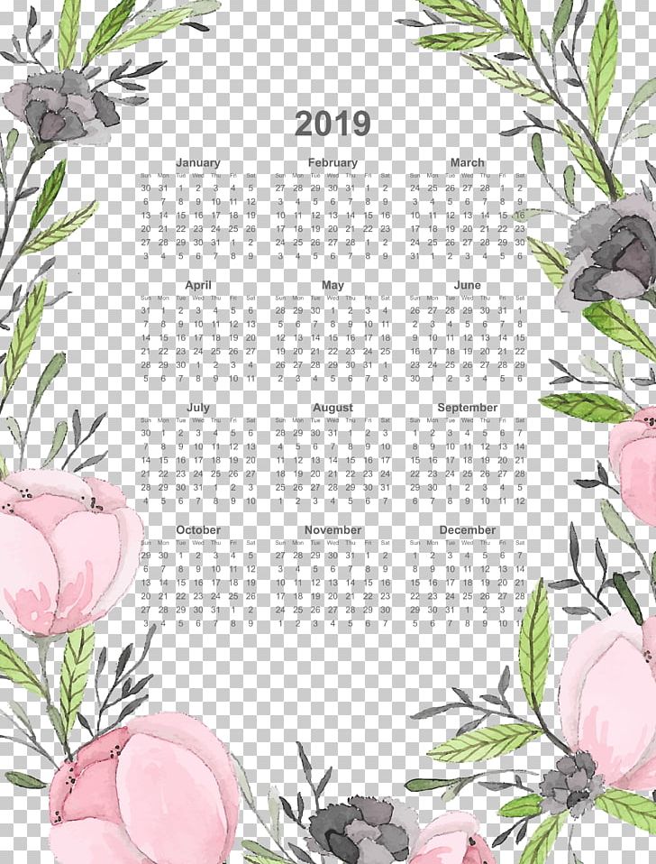 2019 Calendar Full Page With Watercolor Flowers.pn PNG, Clipart, Borders And Frames, Calendar, Convite, Decorative Arts, Flora Free PNG Download
