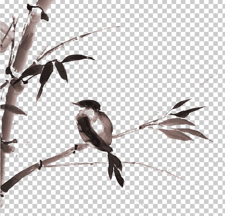 Ink Wash Painting Drawing Bamboo Japanese Art PNG, Clipart, Bamboo Painting, Beak, Beautiful, Bird, Black And White Free PNG Download