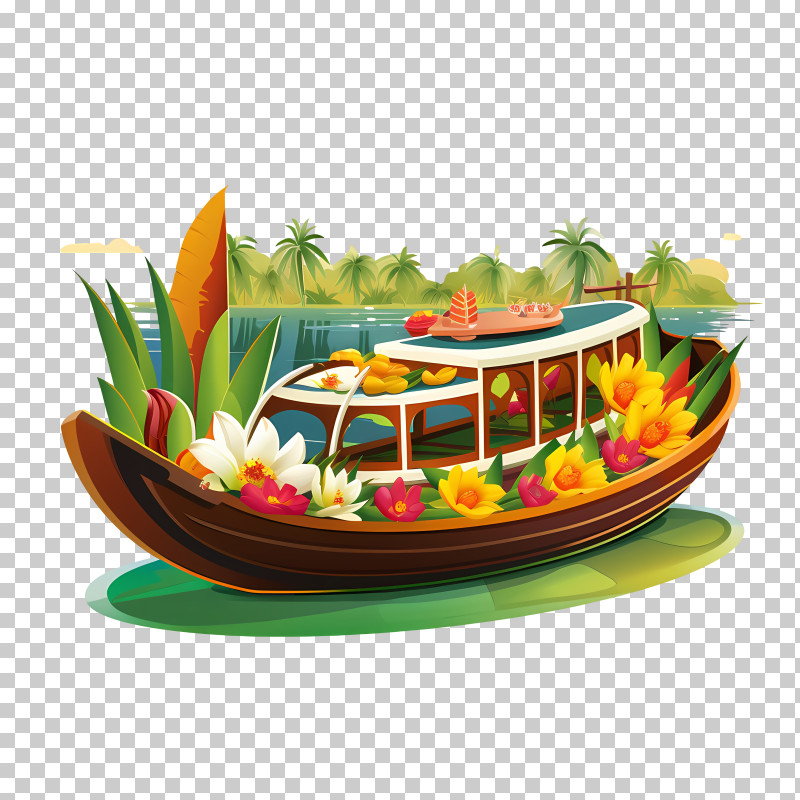 Onam Boat - Decorative Houseboat With Flowers And Tropical Scenery PNG