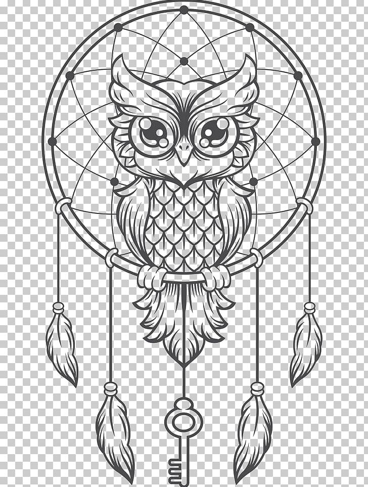 Dreamcatcher Owl Creative Haven Creative Kittens Coloring Book Illustration PNG, Clipart, Art, Beak, Bird, Bird Of Prey, Black And White Free PNG Download