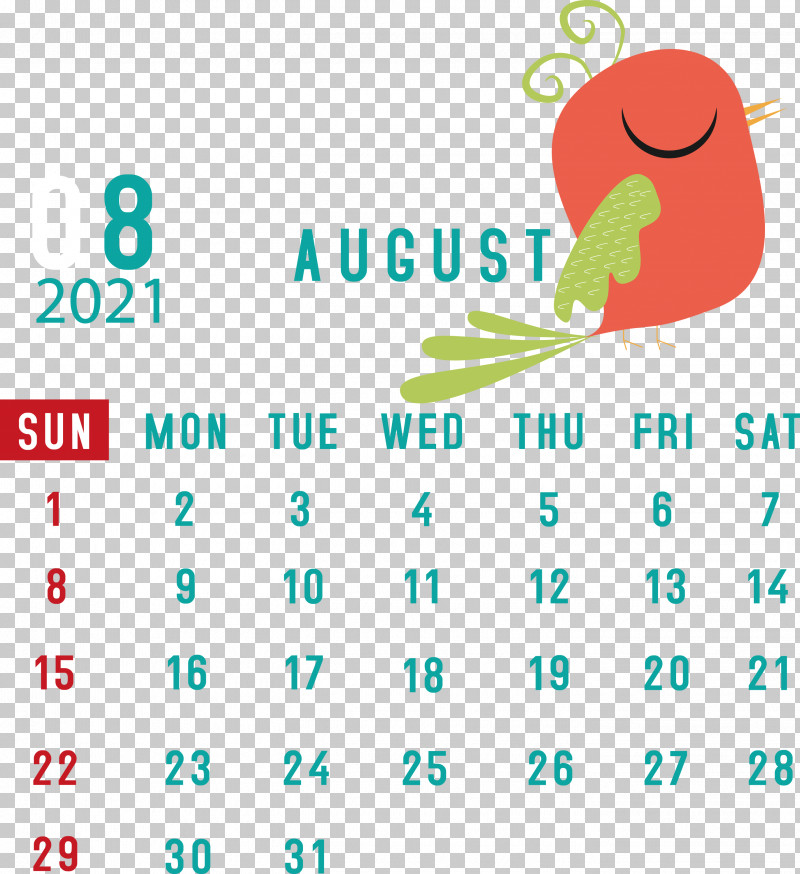 August 2021 Calendar August Calendar 2021 Calendar PNG, Clipart, 2021 Calendar, Beak, Calendar System, Green, Line Free PNG Download