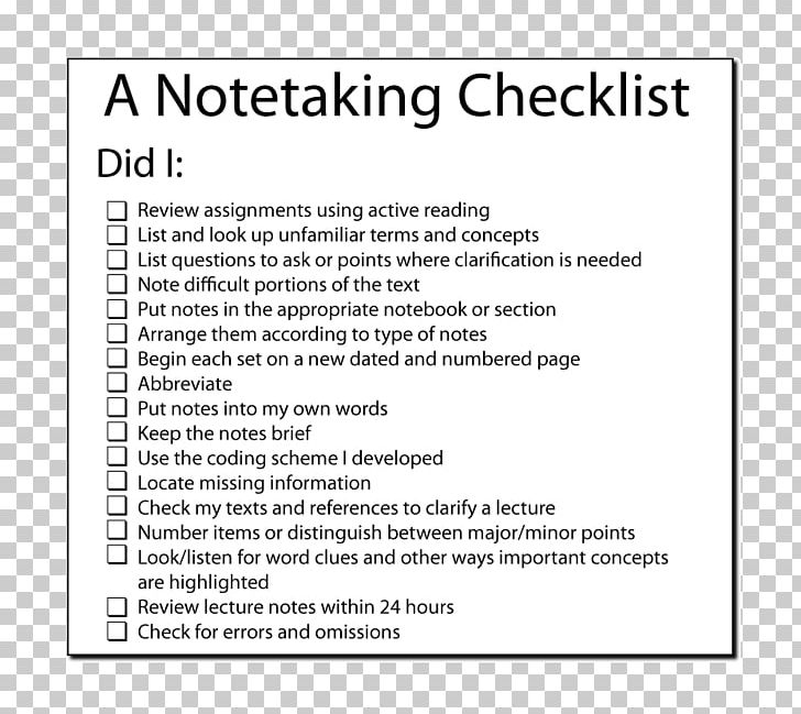 Note-taking Study Skills Middle School High School PNG, Clipart, Area, Checklist, Classroom, College, Diagram Free PNG Download