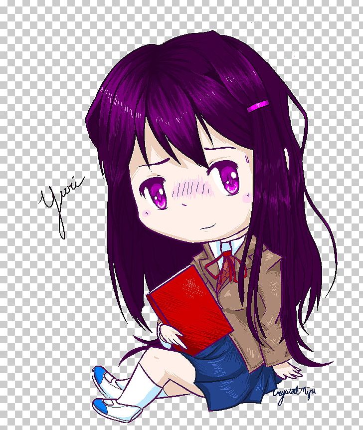 Doki Doki Literature Club! Chibi Yuri Drawing Anime PNG, Clipart, Anime, Art, Black Hair, Book, Brown Hair Free PNG Download
