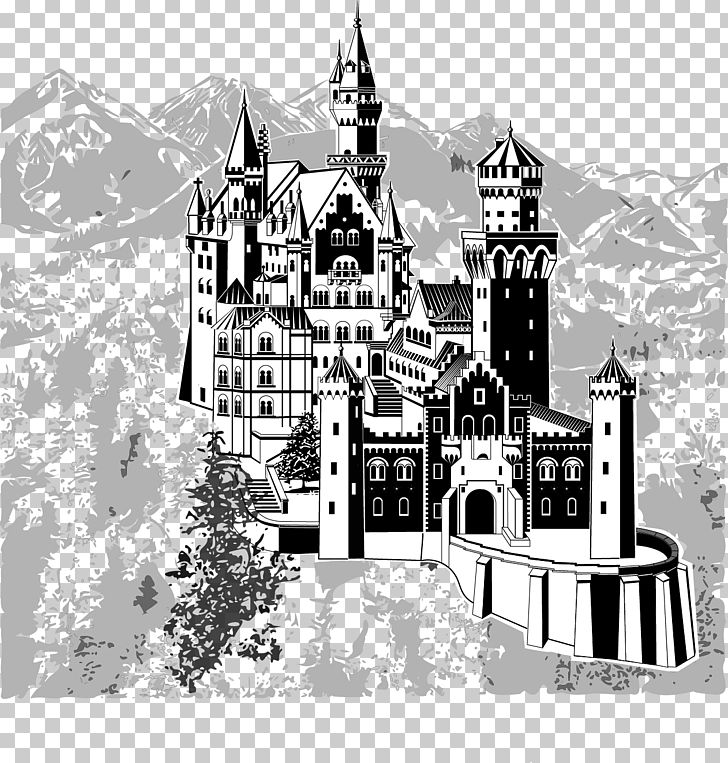 Neuschwanstein Castle Floors Castle Black And White PNG, Clipart, Art, Building, Castle, Facade, Grayscale Free PNG Download
