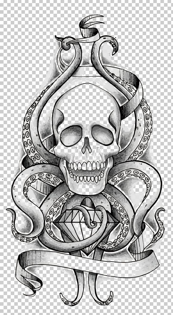 Octopus Skull Tentacle Human Skeleton PNG, Clipart, Art, Black And White, Bone, Cartoon, Death Free PNG Download