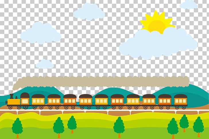 Train Rail Transport Adobe Illustrator PNG, Clipart, Area, Blue Sky Grassland, Cartoon, Daytime, Drive Free PNG Download