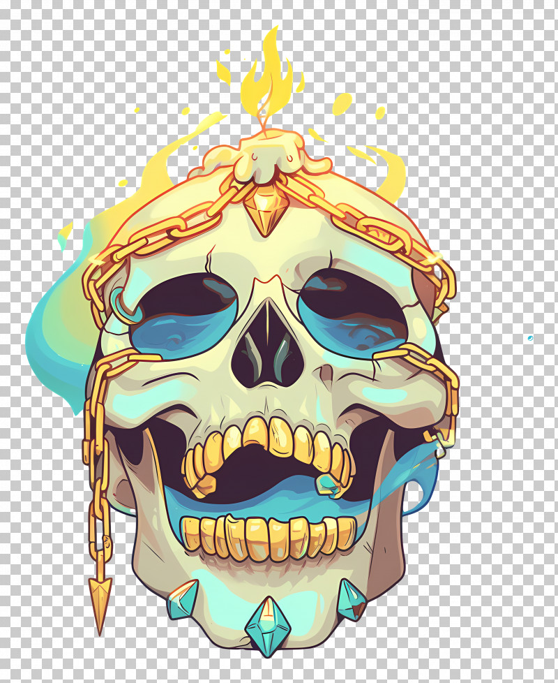 Skull With Candle - Flaming Skull With Chains And Jewels PNG