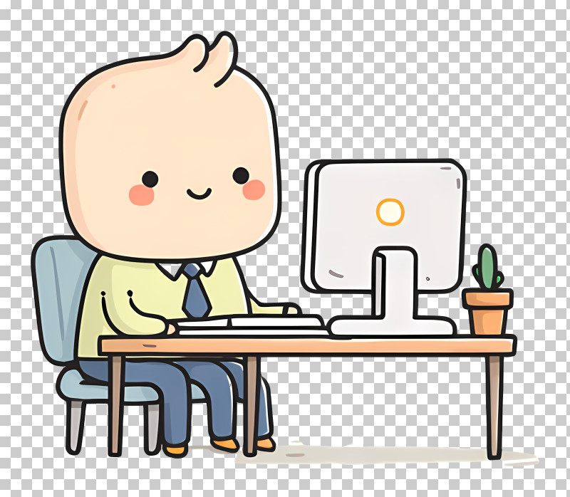 Cute Office Worker At Computer PNG