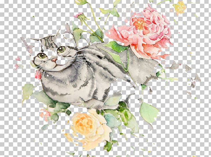 Watercolour Flowers Cat Watercolor Painting Drawing PNG, Clipart, Animals, Carnivoran, Cartoon, Cat Like Mammal, Color Free PNG Download