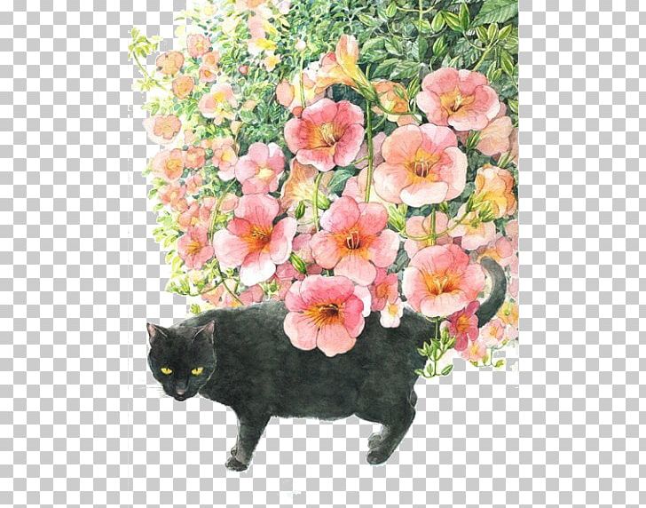 Japan Cat Art Watercolor Painting Illustration PNG, Clipart, Animals, Art Nouveau, Black, Cat Like Mammal, Flower Free PNG Download