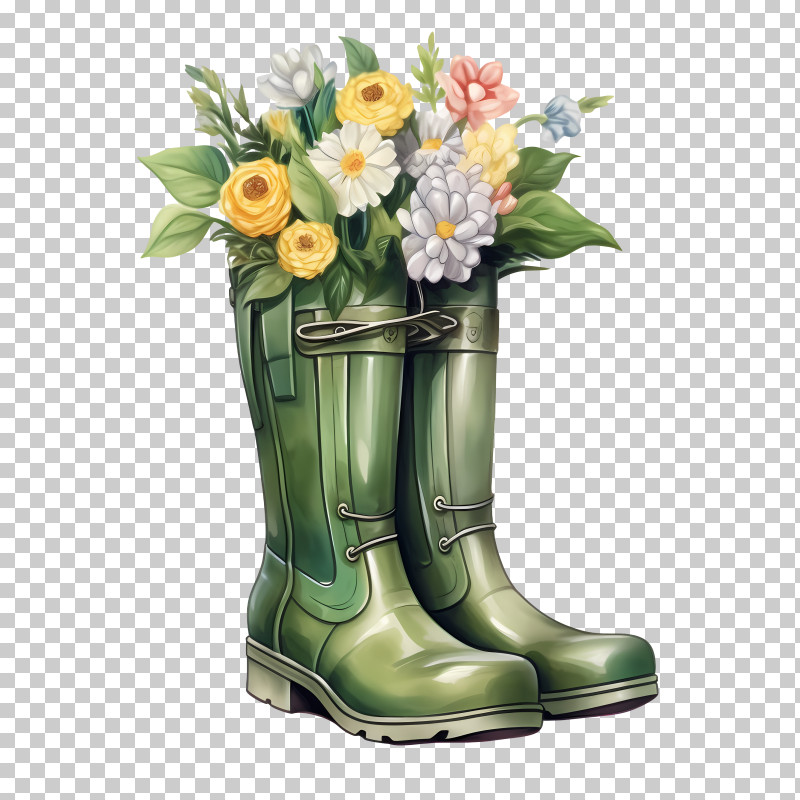 Rubber Boots - Green Boots With Blooming Flowers Arrangement PNG