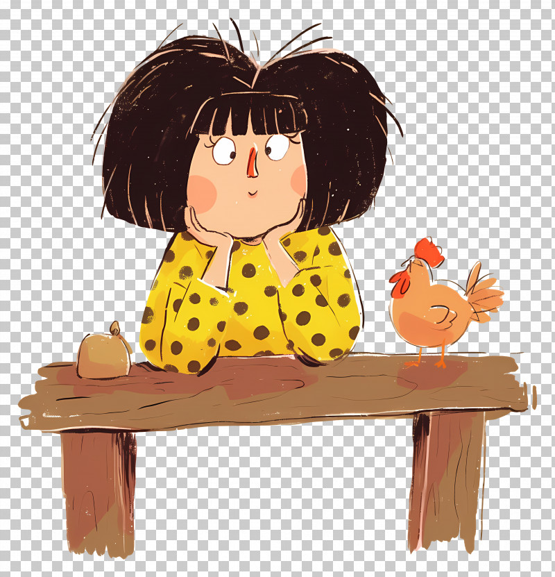 Cartoon Asian Woman - Girl With Chicken On Table PNG