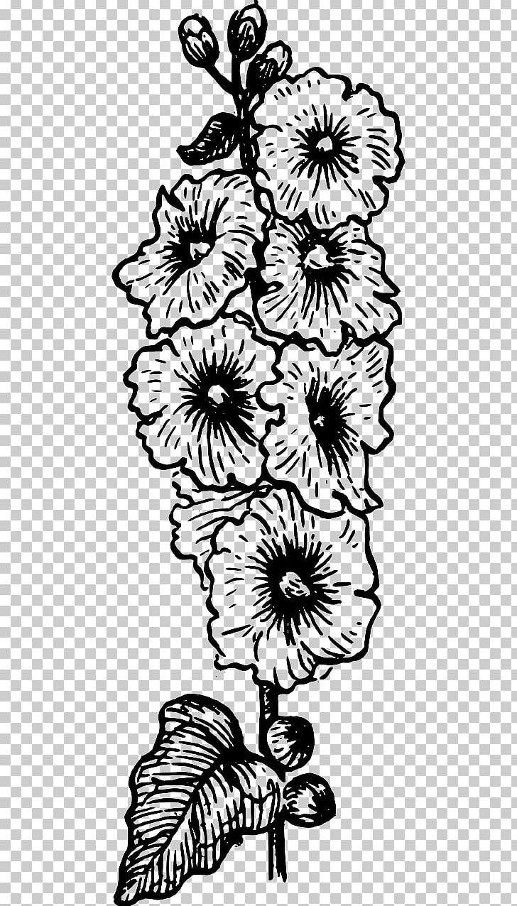Floral Design Hollyhocks Drawing Line Art PNG, Clipart, Art, Artwork, Black And White, Botany, Branch Free PNG Download