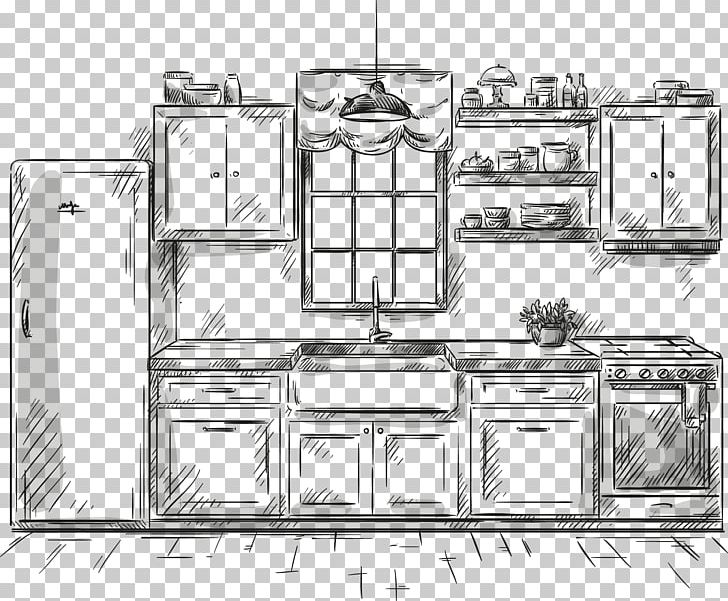 Drawing Kitchen Furniture Illustration PNG, Clipart, Angle, Art, Black And White, Divan, Euclidean Free PNG Download