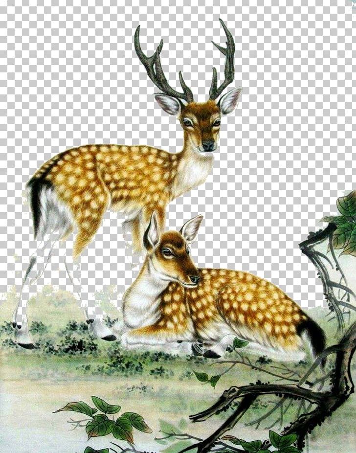 Sika Deer Tiger Ink Wash Painting Chinese Painting PNG, Clipart, Angle, Angles, Antler, Art, Big Angle Deer Free PNG Download