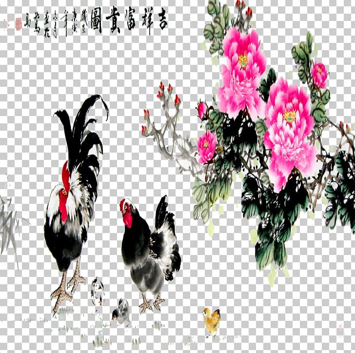 Rooster Chicken Moutan Peony PNG, Clipart, Bird, Black, Chinese, Chinese Style, Cock Free PNG Download