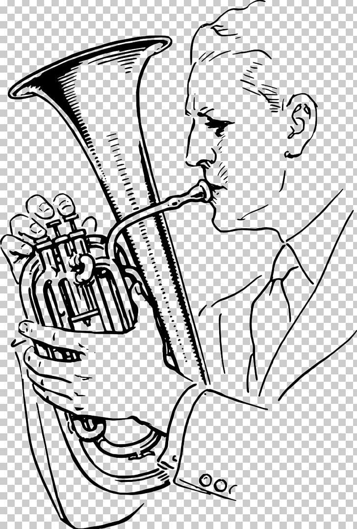Musical Instruments Tenor Horn Trumpet Drawing PNG, Clipart, Arm, Art, Artwork, Black And White, Brass Instrument Free PNG Download