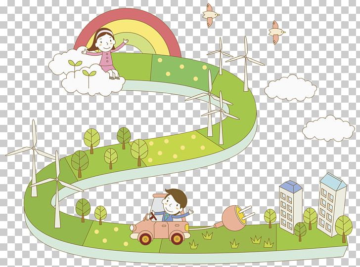 Cartoon Road Drawing Illustration PNG, Clipart, Animated Cartoon, Architecture, Background Green, Bird, Cartoon Girl Free PNG Download