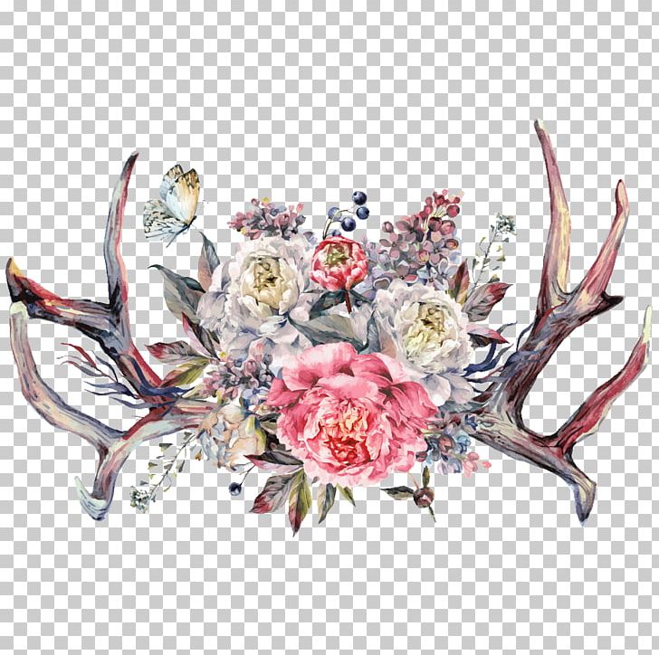 Floral Design Peony Antler Watercolor Painting Drawing PNG, Clipart, Antler, Boheme, Cut Flowers, Drawing, Floral Design Free PNG Download