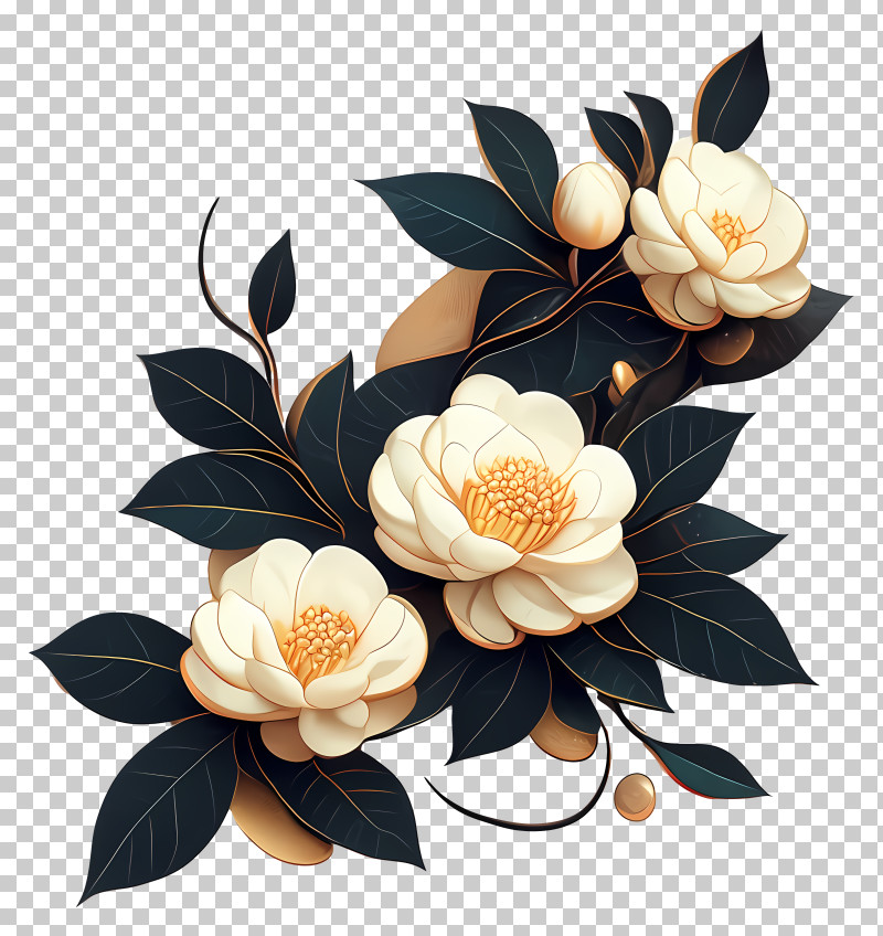 Camellia Flower - Elegant White Flowers With Leaves PNG