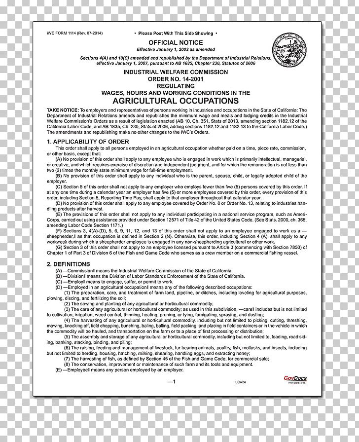 Wage Industrial Welfare Commission California Job Conditions De Travail PNG, Clipart, Agriculture, Area, California, Conditions De Travail, Document Free PNG Download