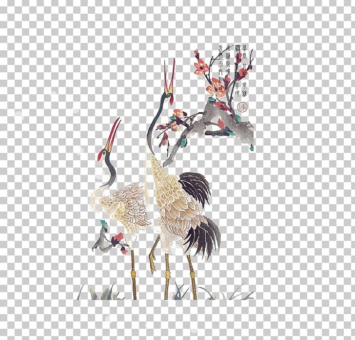 Red-crowned Crane Blossom Ink Wash Painting PNG, Clipart, Bird, Birdandflower Painting, Blossom, Cherry Blossom, Crane Free PNG Download