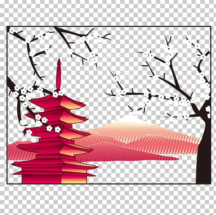 Mount Fuji Japanese Pagoda Illustration PNG, Clipart, Area, Branch, Cherry Blossom, Creative, Eiffel Tower Free PNG Download