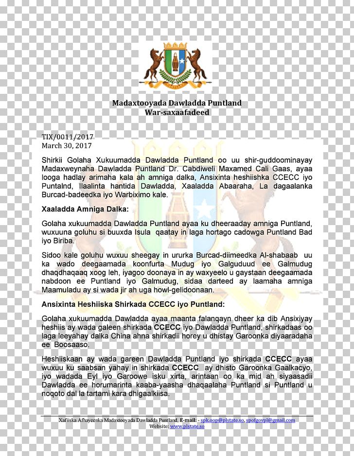 Tukaraq Madaxtooyada Puntland Galmudug Somali President PNG, Clipart, Abdiweli Mohamed Ali, Area, Document, Galmudug, Garoowe Free PNG Download
