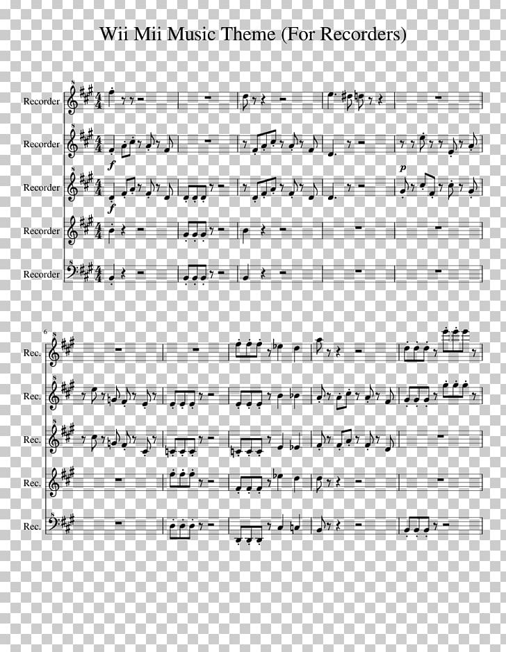 Sheet Music Mii Channel Flute Quartet PNG, Clipart, Angle, Area, Black And White, Document, Download Free PNG Download