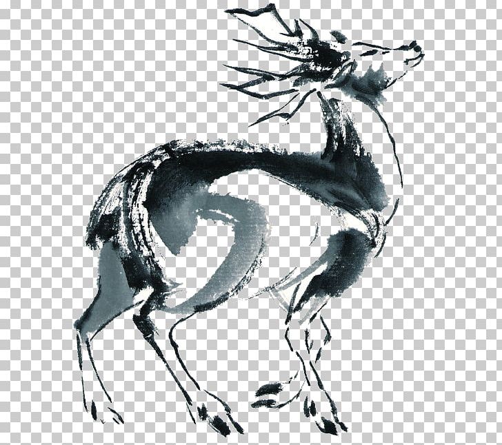 Deer Black And White Ink Wash Painting Chinese Painting PNG, Clipart, Animals, Black, Carnivoran, Chinese Calligraphy, Christmas Deer Free PNG Download