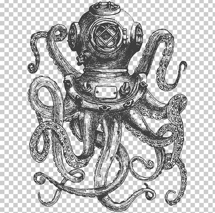 Octopus Diving Helmet PNG, Clipart, Black And White, Body Jewelry, Cephalopod, Diving Helmet, Drawing Free PNG Download