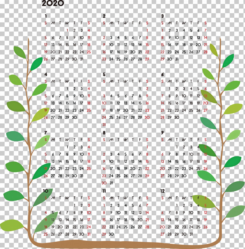 2020 Printable Calendar PNG, Clipart, 2020 Printable Calendar, Green, Leaf, Line, Plant Free PNG Download