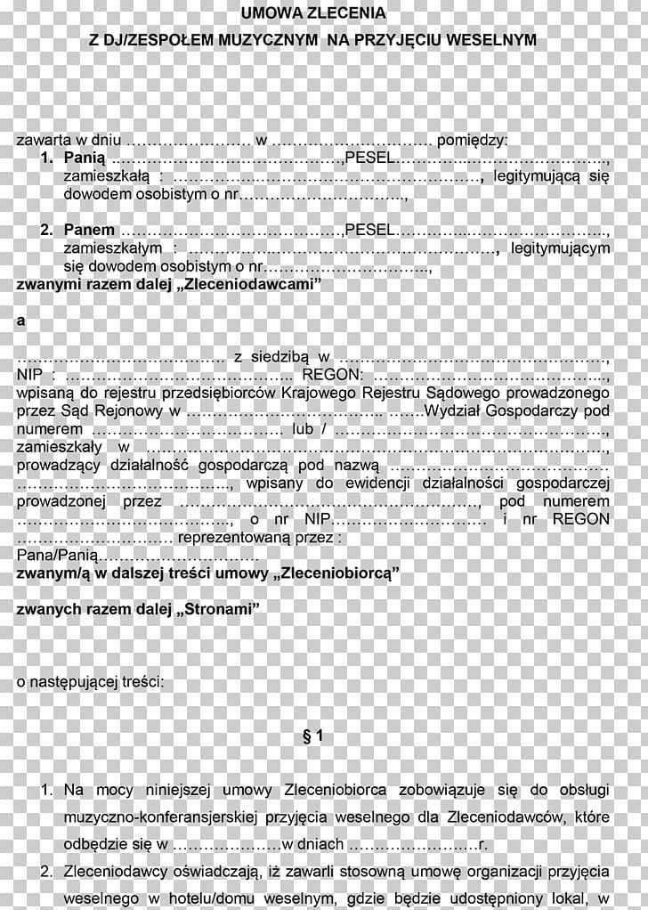 Document Contract Wedding Reception Umowa Zlecenia Aanneming Van Werk PNG, Clipart, Aanneming Van Werk, Area, Black And White, Contract, Disc Jockey Free PNG Download