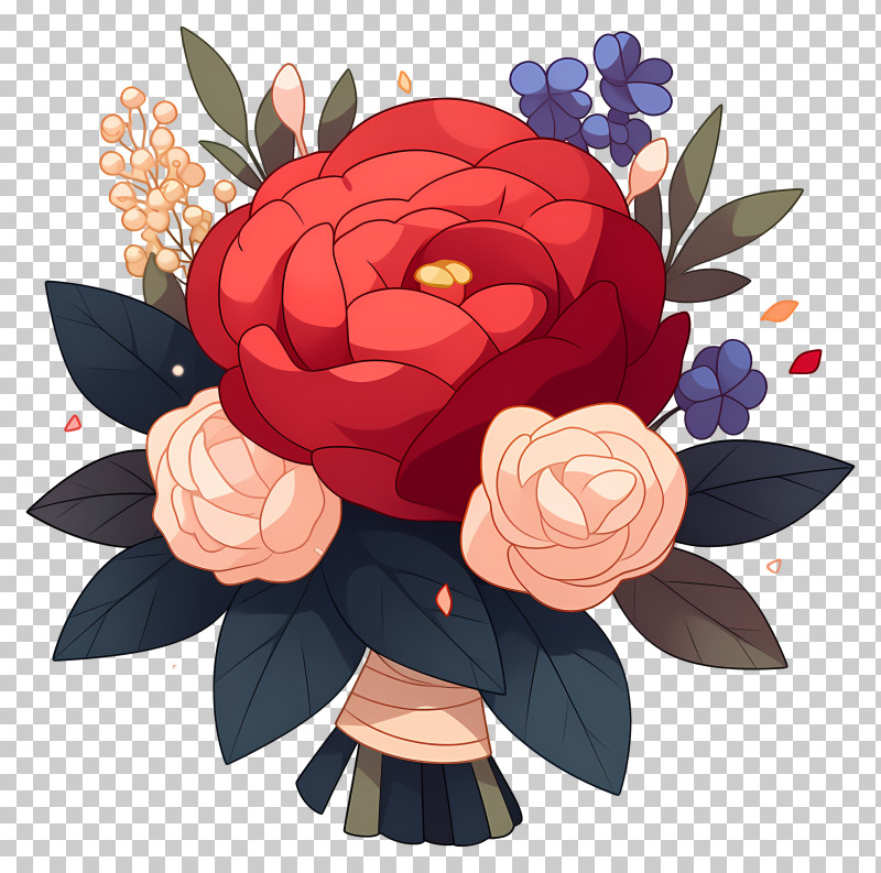 Red Roses Bouquet - Hand-drawn Red Peony Bouquet PNG
