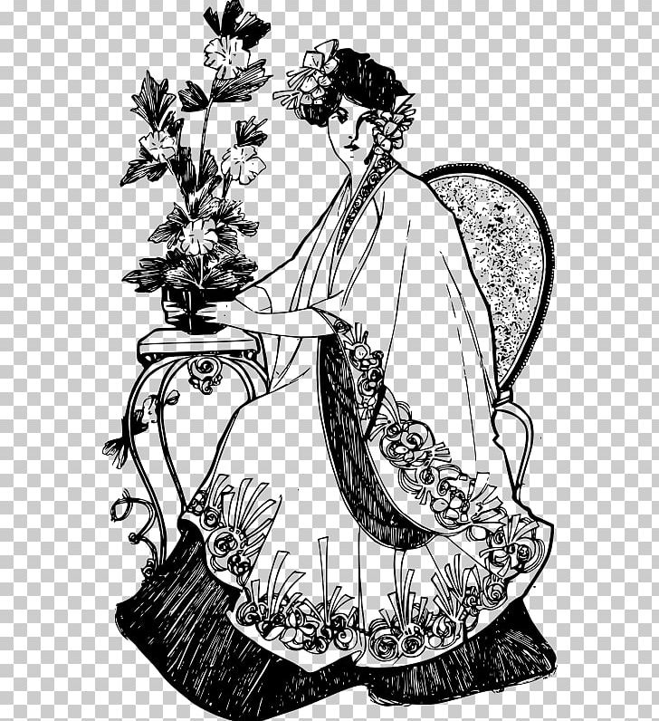 Woman Flower Kimono PNG, Clipart, Art, Artwork, Black And White, Clothing, Computer Icons Free PNG Download