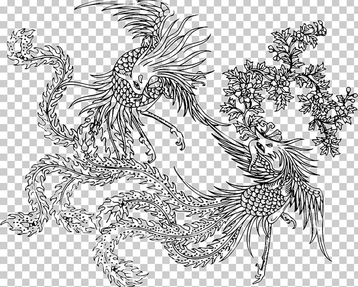 Black And White Fenghuang PNG, Clipart, Art, Background Black, Birds, Black, Black Background Free PNG Download